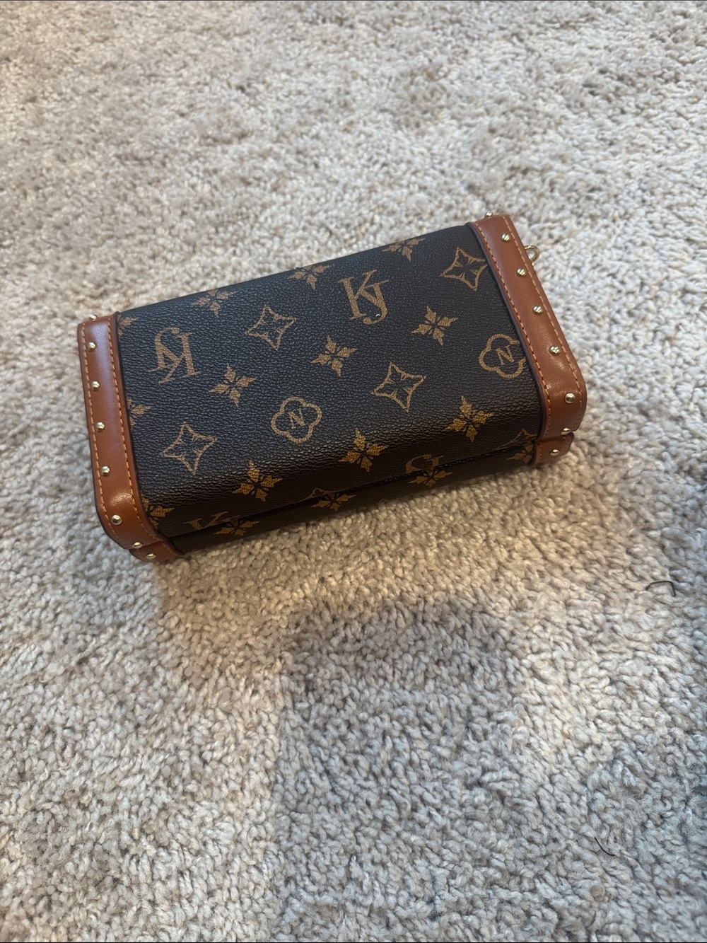 Brown Monogram Toiletry Case with Tan Trim and Stud Accents